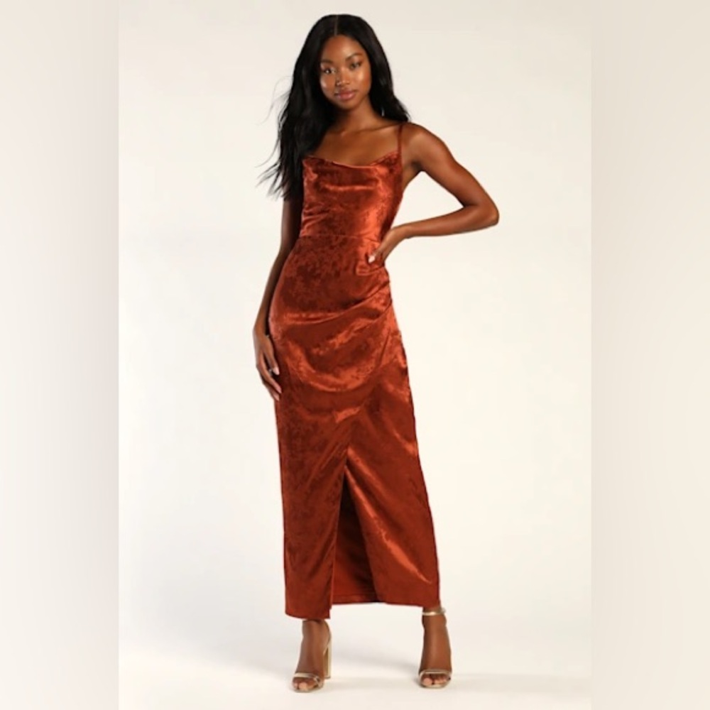 NWT Lulus Rust Orange Satin Jacquard Maxi Dress L